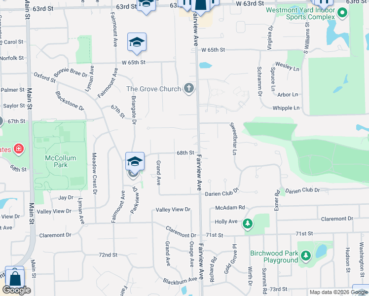 map of restaurants, bars, coffee shops, grocery stores, and more near 6734 Fairview Avenue in Downers Grove