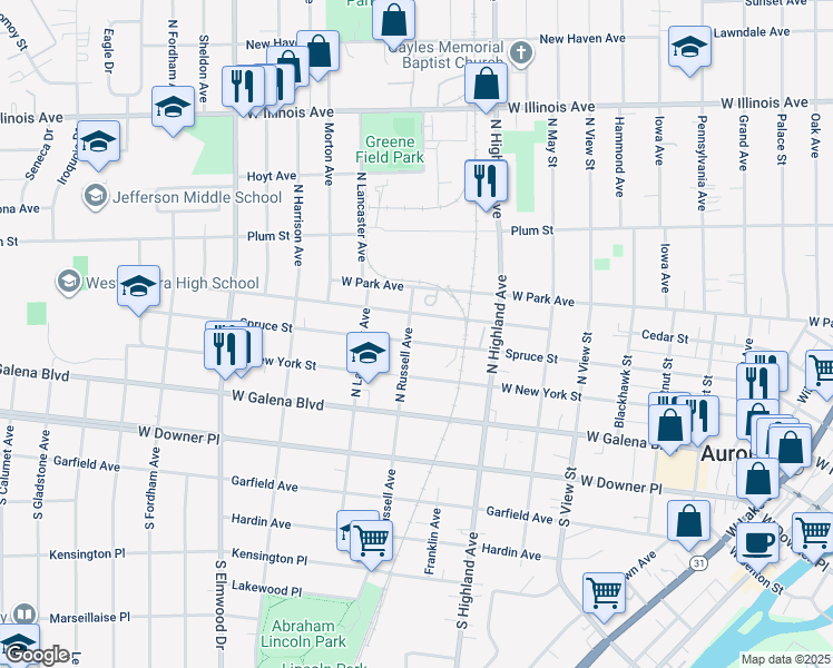 map of restaurants, bars, coffee shops, grocery stores, and more near 663 Charles Street in Aurora