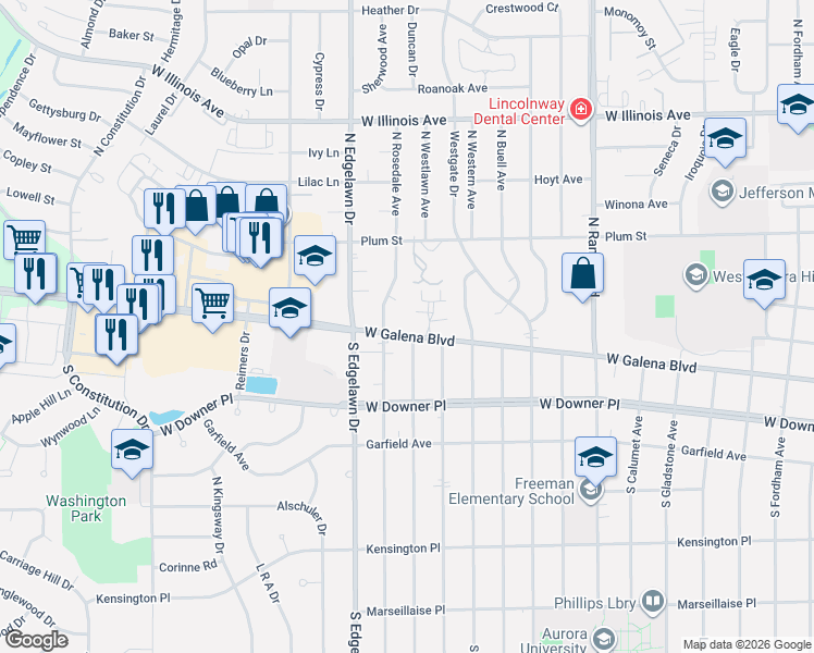 map of restaurants, bars, coffee shops, grocery stores, and more near 81 North Rosedale Avenue in Aurora
