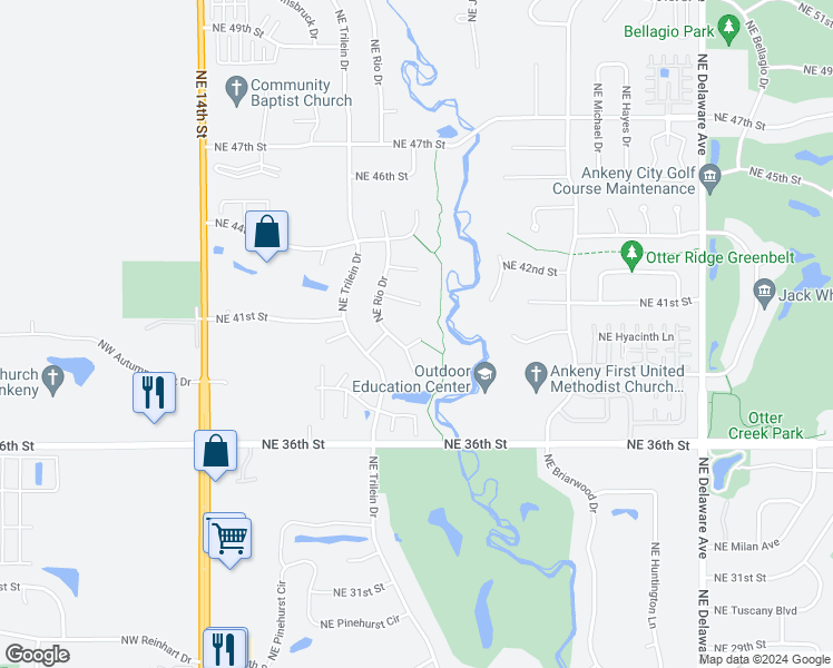 map of restaurants, bars, coffee shops, grocery stores, and more near 515 Northeast 42nd Court in Ankeny