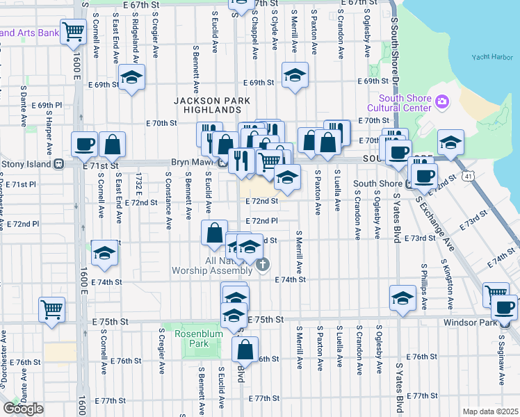 map of restaurants, bars, coffee shops, grocery stores, and more near 2025 East 72nd Street in Chicago
