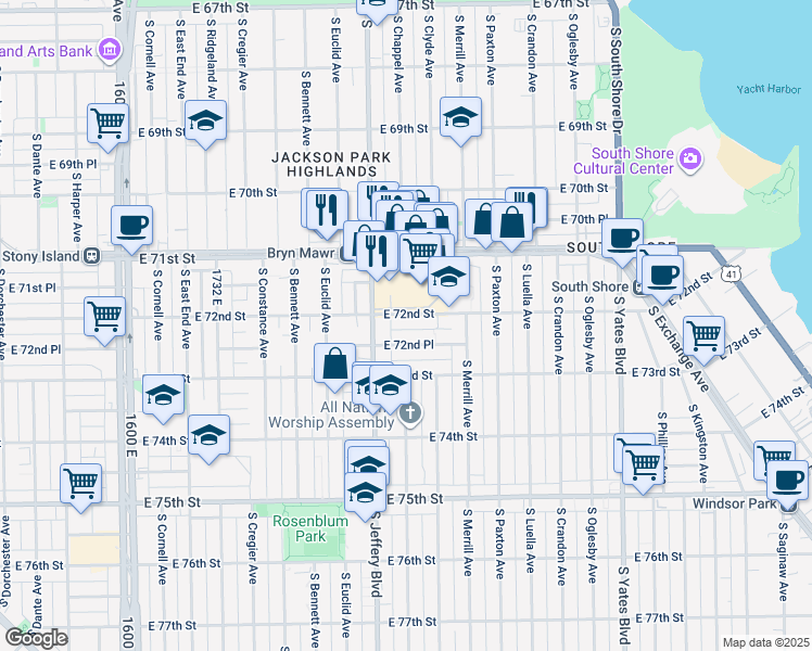 map of restaurants, bars, coffee shops, grocery stores, and more near 2025 East 72nd Street in Chicago