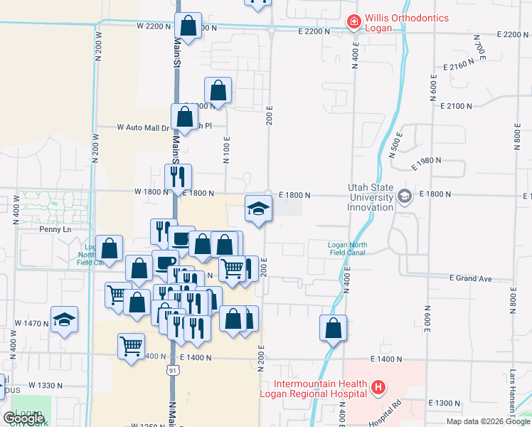 map of restaurants, bars, coffee shops, grocery stores, and more near 1755 North 200 East in North Logan