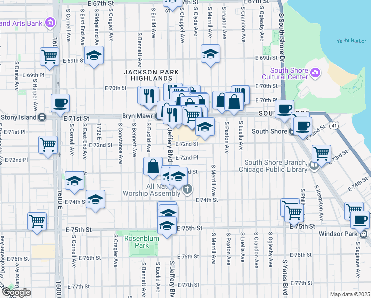 map of restaurants, bars, coffee shops, grocery stores, and more near 2041 East 72nd Street in Chicago