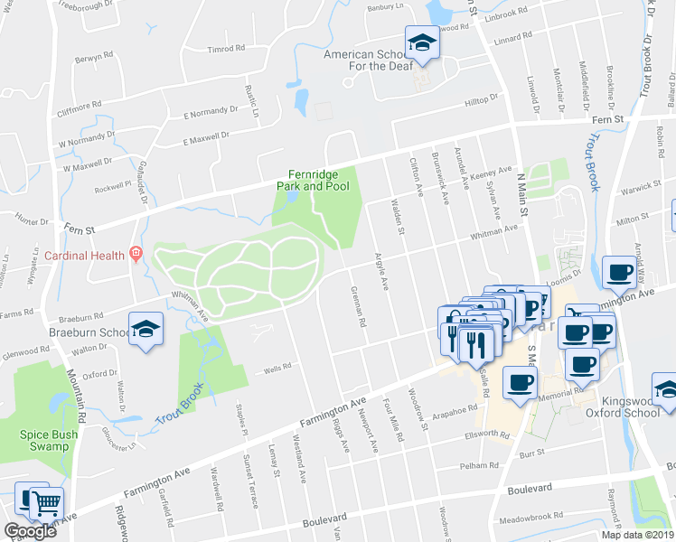 map of restaurants, bars, coffee shops, grocery stores, and more near 187 Whitman Avenue in West Hartford
