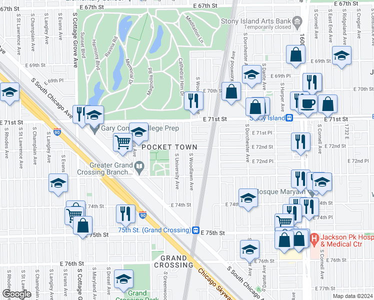 map of restaurants, bars, coffee shops, grocery stores, and more near 7200 South Woodlawn Avenue in Chicago