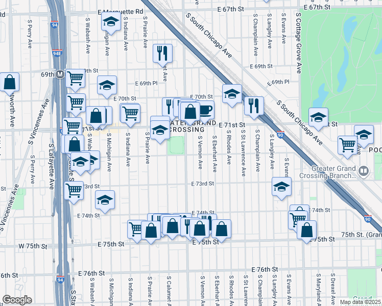 map of restaurants, bars, coffee shops, grocery stores, and more near 7141 South King Drive in Chicago
