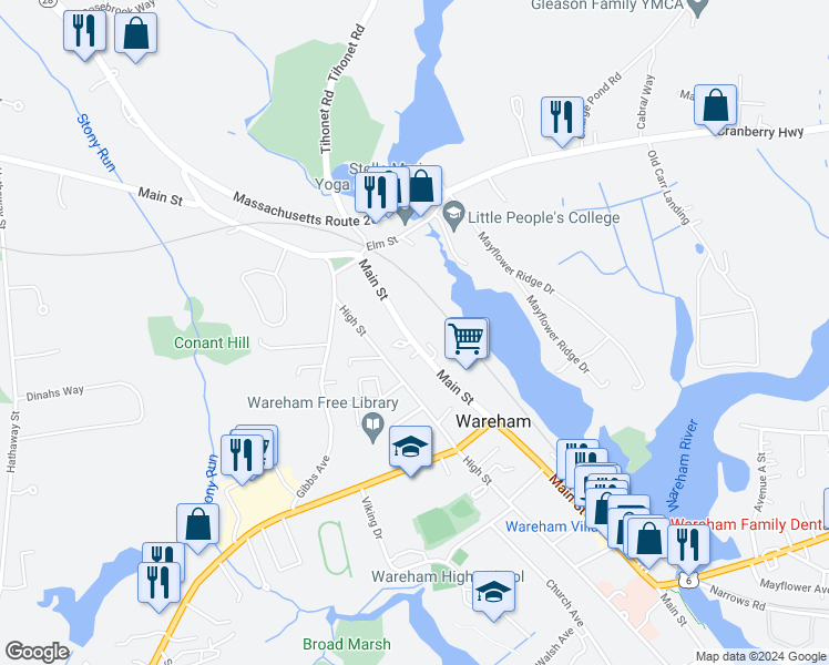 map of restaurants, bars, coffee shops, grocery stores, and more near 451 Main Street in Wareham