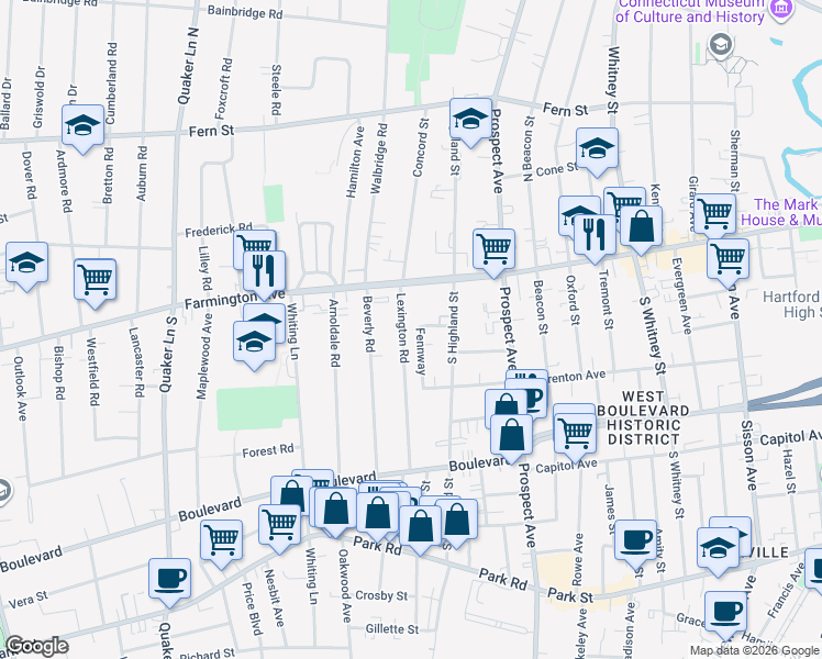 map of restaurants, bars, coffee shops, grocery stores, and more near 14 Lexington Road in West Hartford