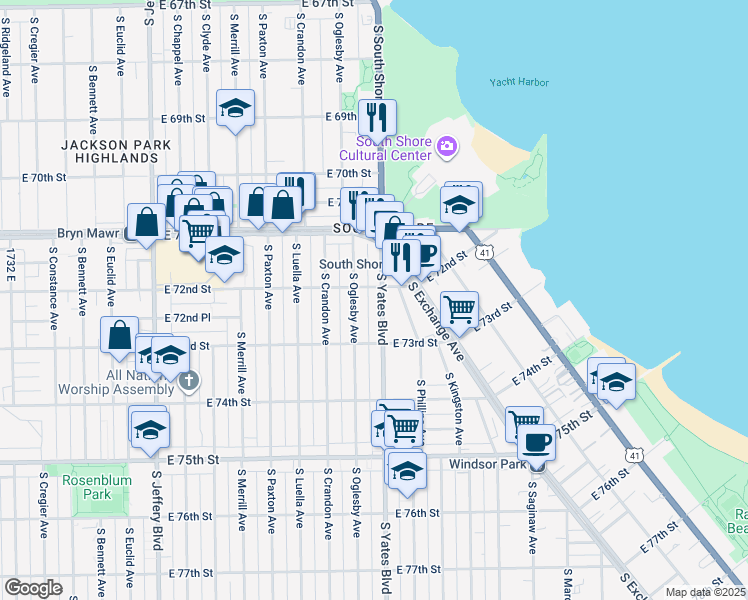 map of restaurants, bars, coffee shops, grocery stores, and more near 7210 South Yates Boulevard in Chicago
