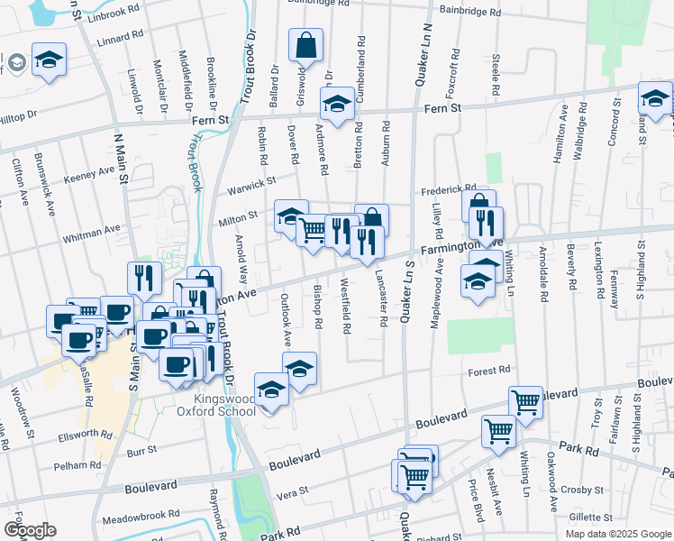 map of restaurants, bars, coffee shops, grocery stores, and more near Farmington Avenue & Ardmore Road in West Hartford