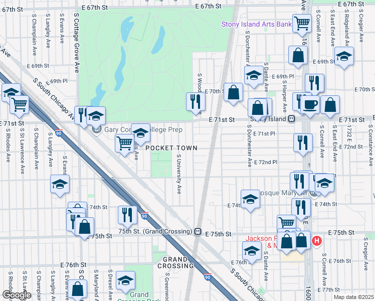 map of restaurants, bars, coffee shops, grocery stores, and more near 1149 East 72nd Street in Chicago