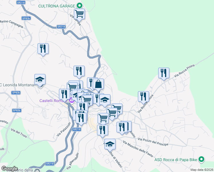 map of restaurants, bars, coffee shops, grocery stores, and more near 28 Via San Sebastiano in Rocca di Papa