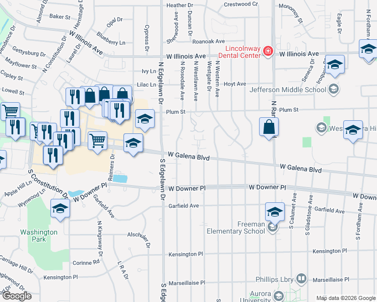 map of restaurants, bars, coffee shops, grocery stores, and more near 81 North Rosedale Avenue in Aurora