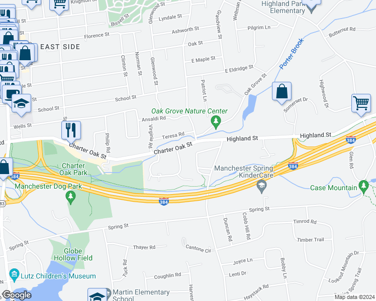 map of restaurants, bars, coffee shops, grocery stores, and more near 340 Charter Oak Street in Manchester