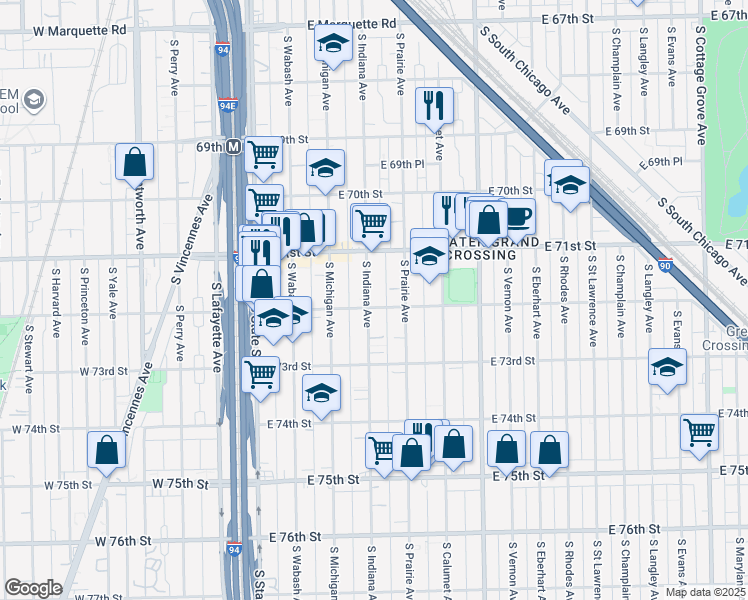 map of restaurants, bars, coffee shops, grocery stores, and more near 7141 South Indiana Avenue in Chicago