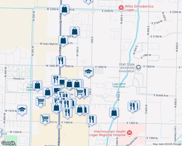 map of restaurants, bars, coffee shops, grocery stores, and more near 1755 North 200 East in North Logan