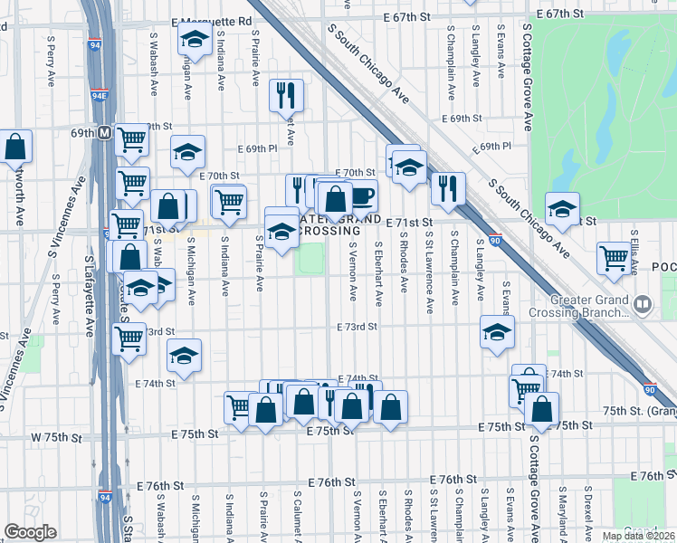 map of restaurants, bars, coffee shops, grocery stores, and more near 7141 South King Drive in Chicago