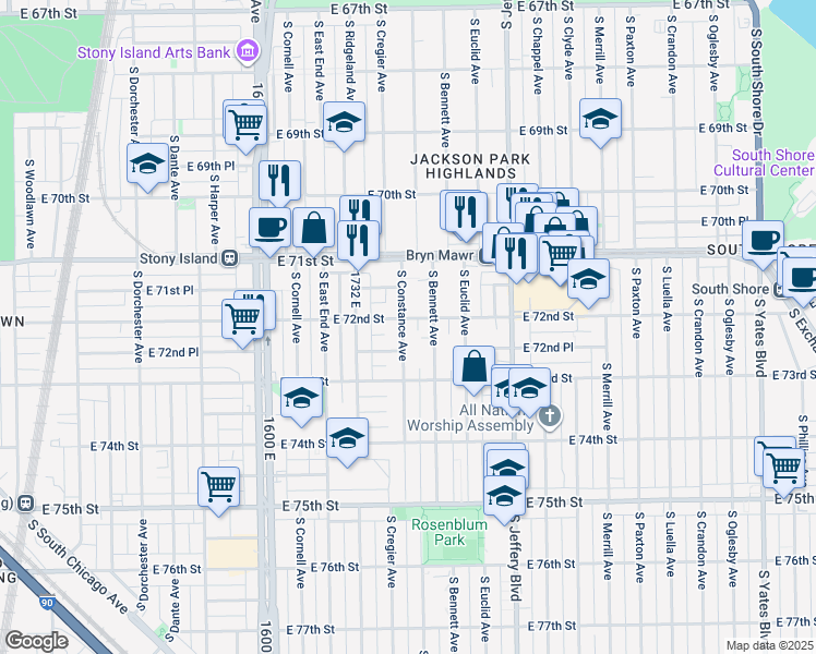 map of restaurants, bars, coffee shops, grocery stores, and more near 7207 South Constance Avenue in Chicago