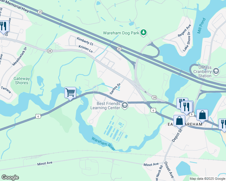map of restaurants, bars, coffee shops, grocery stores, and more near 4 Santos Drive in Wareham
