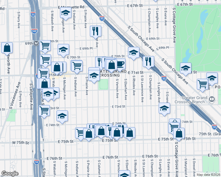 map of restaurants, bars, coffee shops, grocery stores, and more near 7141 South King Drive in Chicago