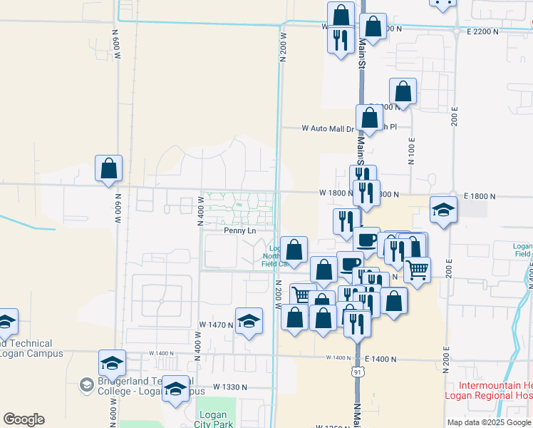 map of restaurants, bars, coffee shops, grocery stores, and more near 111 Penhurst Place in Logan