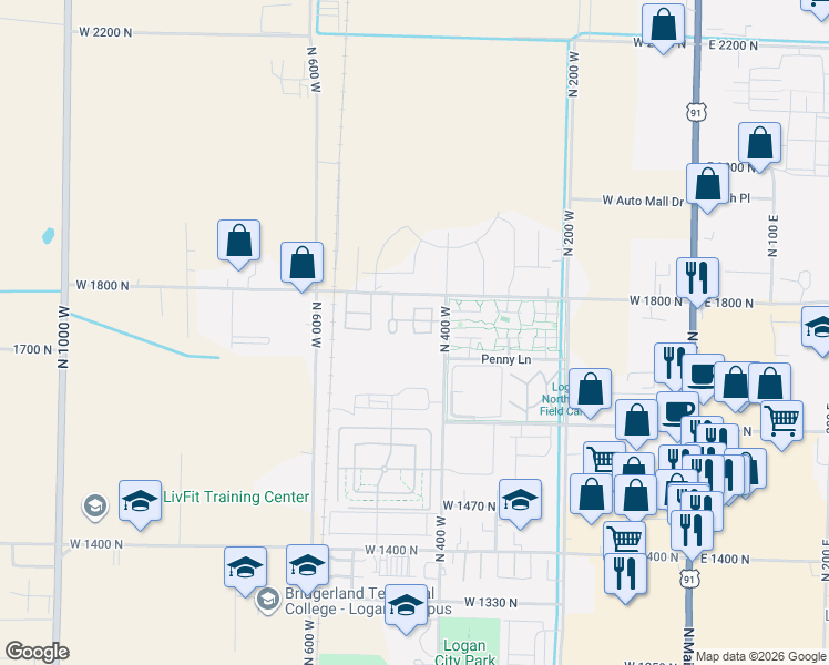 map of restaurants, bars, coffee shops, grocery stores, and more near North 460 West in Logan