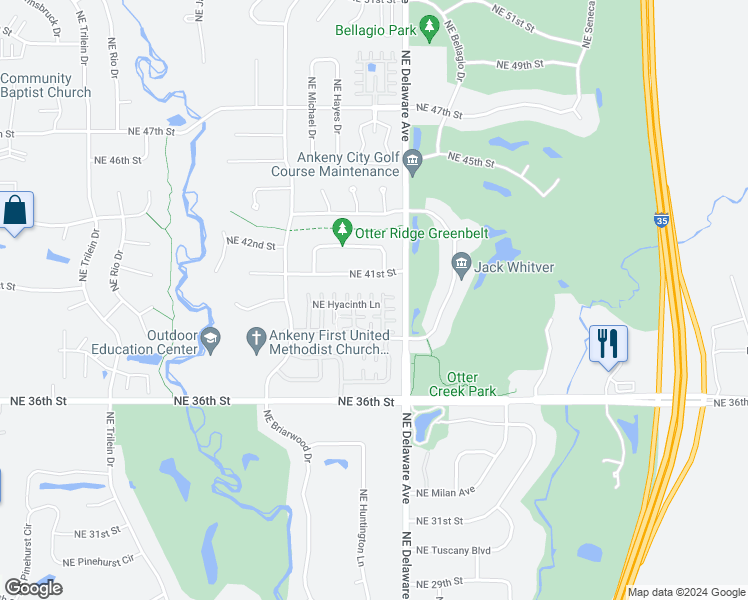 map of restaurants, bars, coffee shops, grocery stores, and more near 1032 Northeast Hyacinth Lane in Ankeny