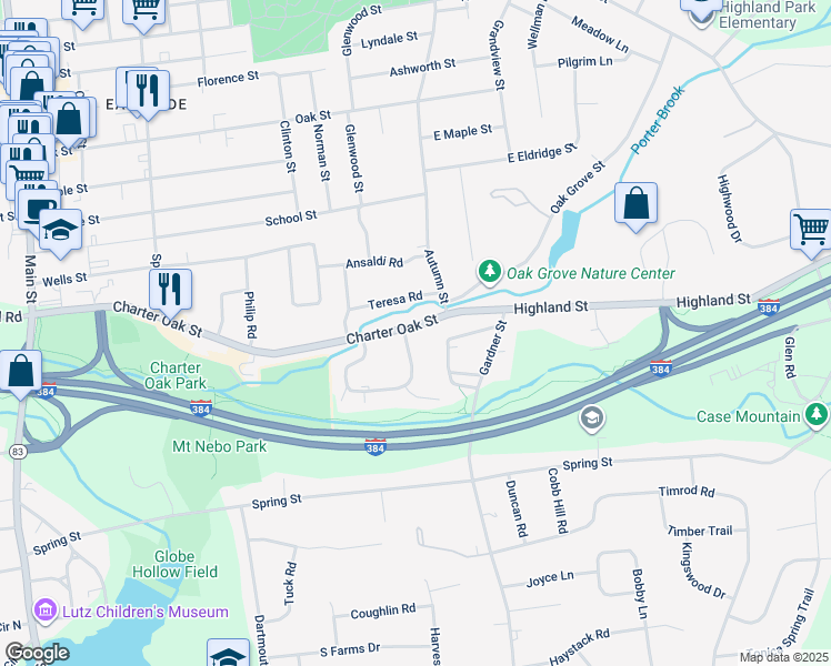 map of restaurants, bars, coffee shops, grocery stores, and more near 141 Sycamore Lane in Manchester