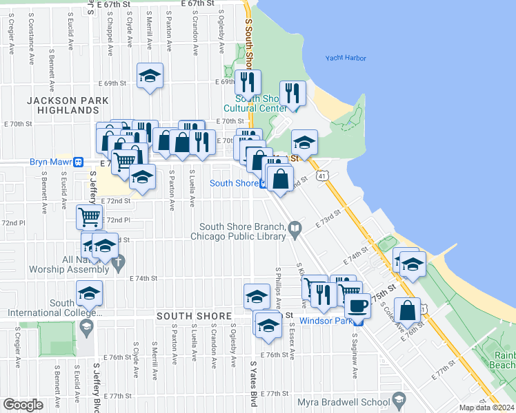 map of restaurants, bars, coffee shops, grocery stores, and more near 7217 South Yates Boulevard in Chicago