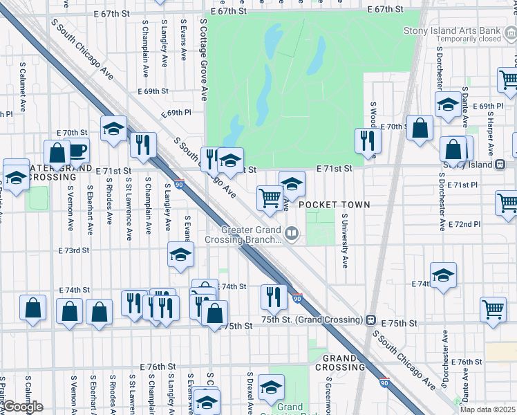 map of restaurants, bars, coffee shops, grocery stores, and more near 7200 South Ingleside Avenue in Chicago