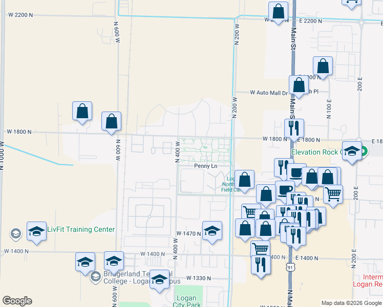 map of restaurants, bars, coffee shops, grocery stores, and more near 201 Stirling Place in Logan