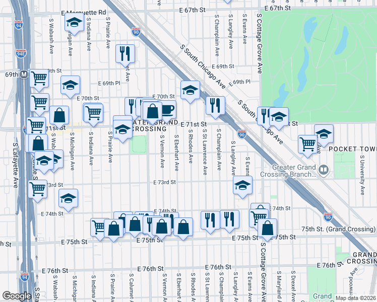 map of restaurants, bars, coffee shops, grocery stores, and more near 522 East 72nd Street in Chicago