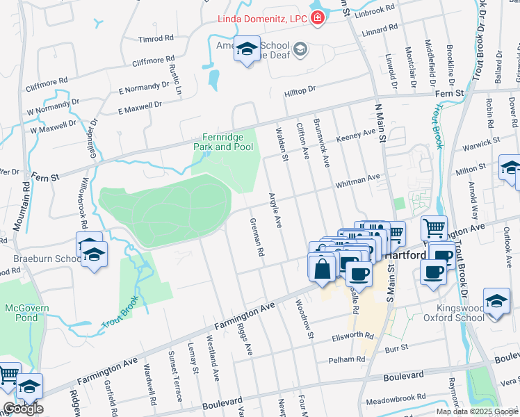 map of restaurants, bars, coffee shops, grocery stores, and more near 175 Whitman Avenue in West Hartford