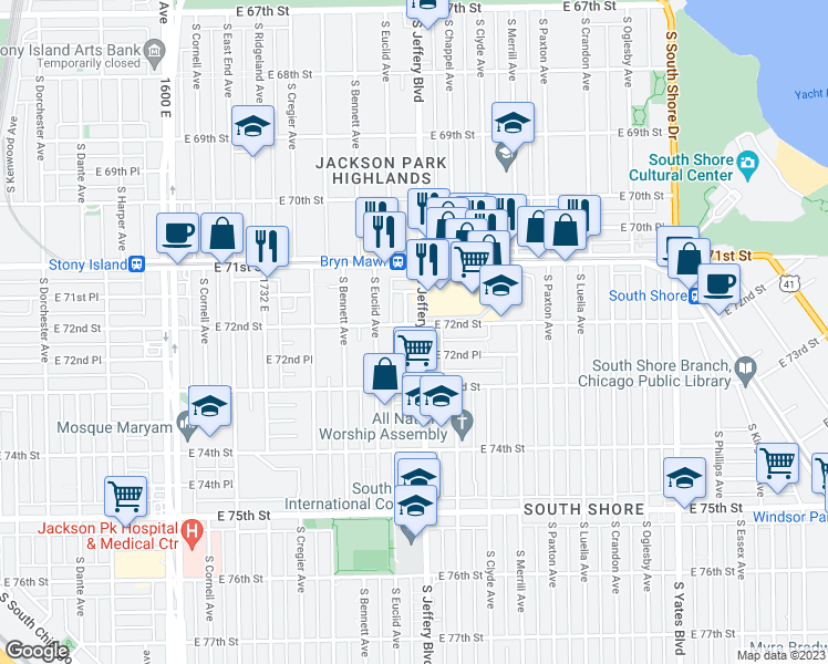 map of restaurants, bars, coffee shops, grocery stores, and more near 7210 South Jeffery Avenue in Chicago