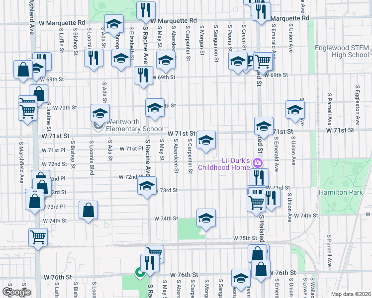 map of restaurants, bars, coffee shops, grocery stores, and more near 7118 South Carpenter Street in Chicago