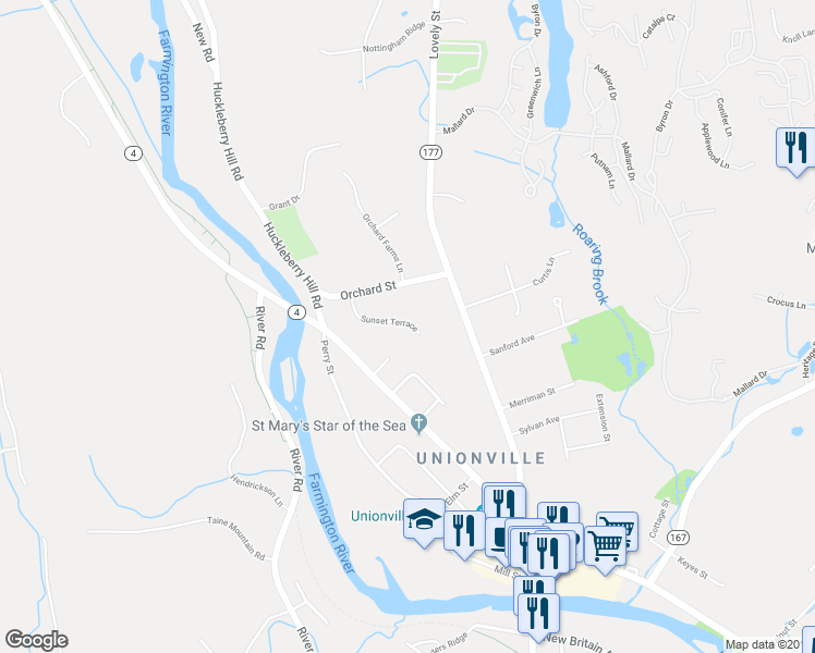 map of restaurants, bars, coffee shops, grocery stores, and more near 77 Sunset Terrace in Farmington