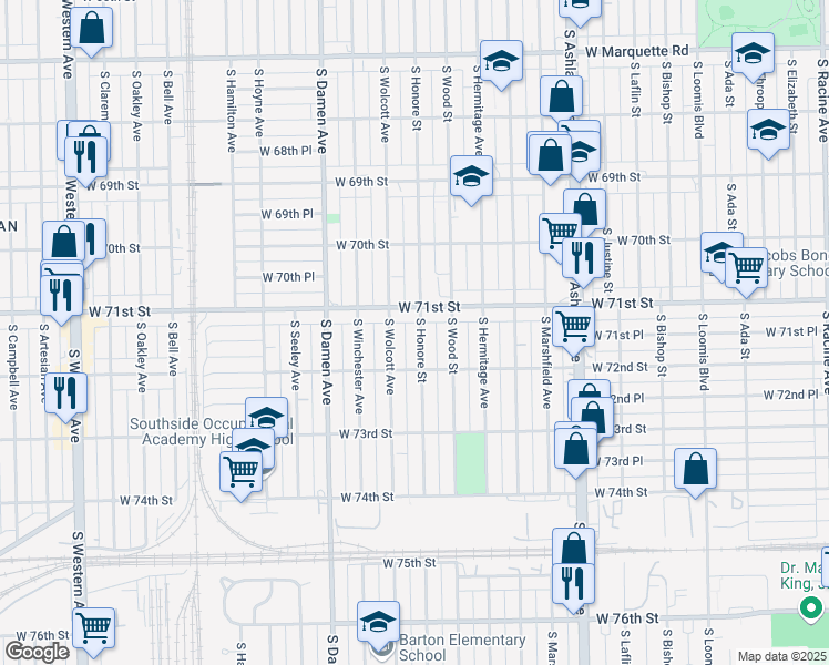 map of restaurants, bars, coffee shops, grocery stores, and more near 7122 South Honore Street in Chicago