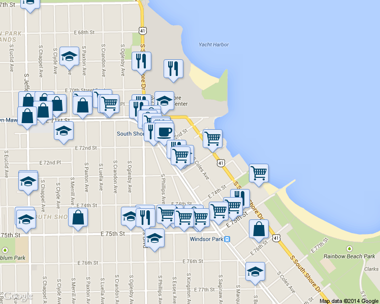 map of restaurants, bars, coffee shops, grocery stores, and more near 7233 South Coles Avenue in Chicago