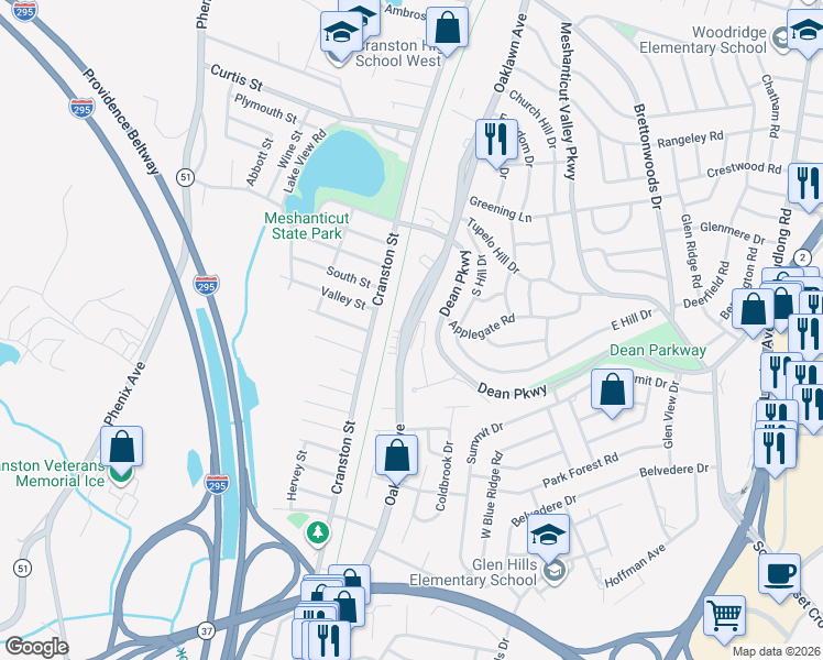 map of restaurants, bars, coffee shops, grocery stores, and more near 383 Oaklawn Avenue in Cranston