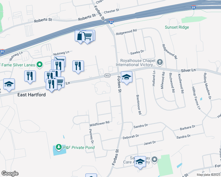 map of restaurants, bars, coffee shops, grocery stores, and more near Phillips Farm Road in East Hartford