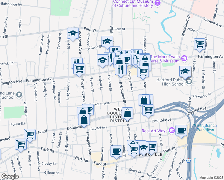 map of restaurants, bars, coffee shops, grocery stores, and more near 63 Tremont Street in Hartford