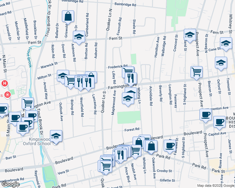 map of restaurants, bars, coffee shops, grocery stores, and more near 787 Farmington Avenue in West Hartford