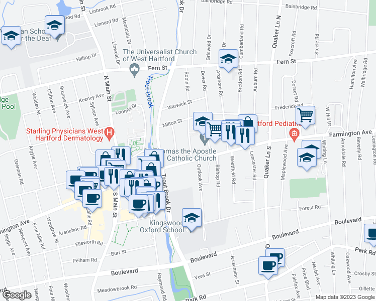 map of restaurants, bars, coffee shops, grocery stores, and more near 29 Robin Road in West Hartford
