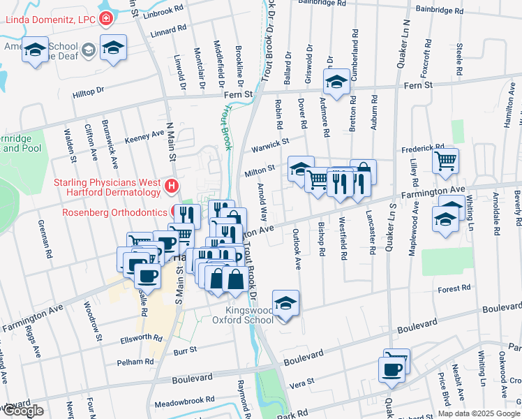 map of restaurants, bars, coffee shops, grocery stores, and more near 29 Robin Road in West Hartford