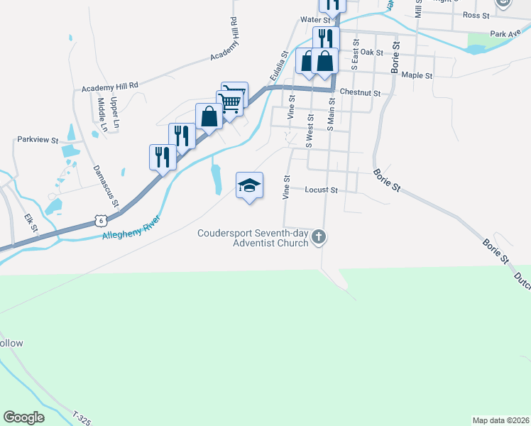 map of restaurants, bars, coffee shops, grocery stores, and more near 702 Vine Street in Coudersport