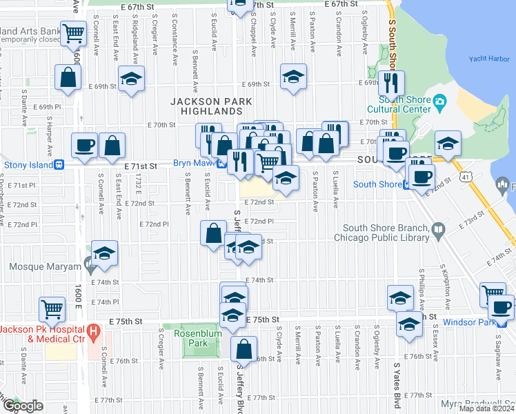 map of restaurants, bars, coffee shops, grocery stores, and more near 2041 East 72nd Street in Chicago