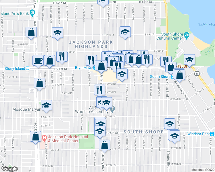 map of restaurants, bars, coffee shops, grocery stores, and more near 7200 South Jeffery Boulevard in Chicago