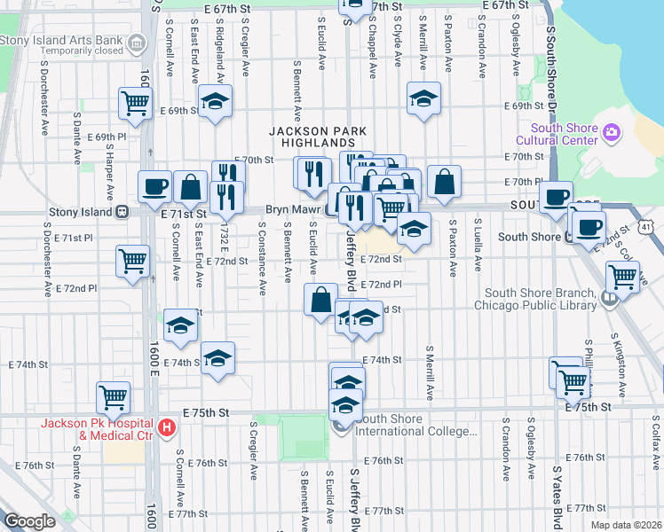 map of restaurants, bars, coffee shops, grocery stores, and more near 7153 South Euclid Avenue in Chicago
