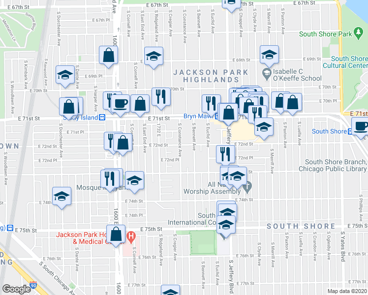map of restaurants, bars, coffee shops, grocery stores, and more near 7151 South Constance Avenue in Chicago